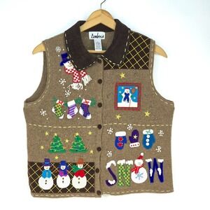 Ambra Patchwork Christmas Sweater Button Up Vest Women Medium Cottagecore Granny